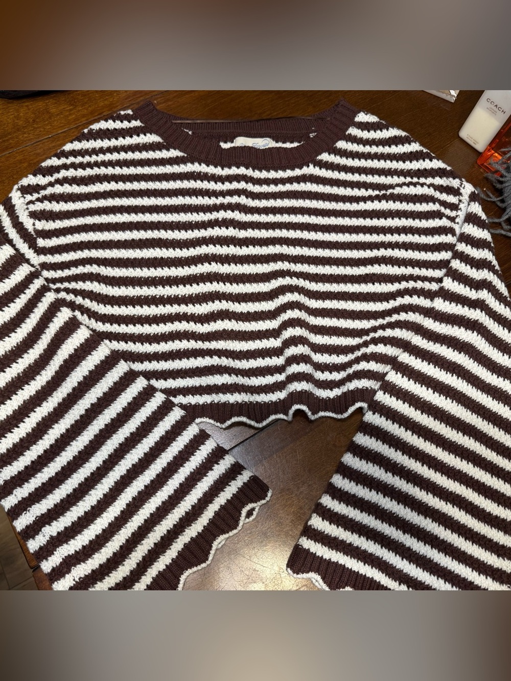 PacSun Your Favorite Jordyn Crochet Cropped Sweater Brown White Striped OS Bell
